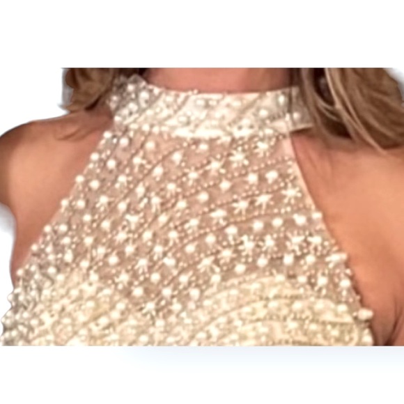 Terani Couture x BHLDN Keystone 2 & 8 Pearl Rhinestone Halter Wedding Formal - Picture 5 of 10